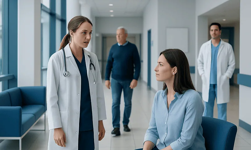 Medical consultation in hospital corridor with female doctor and patient.