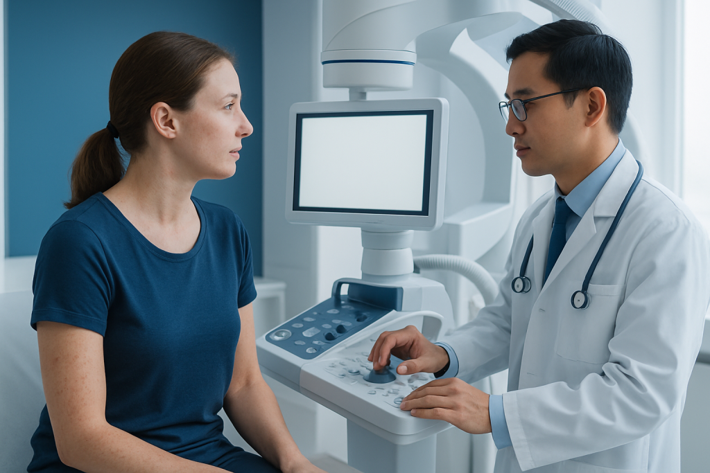 Doctor explaining medical results to a patient in a clinical setting.