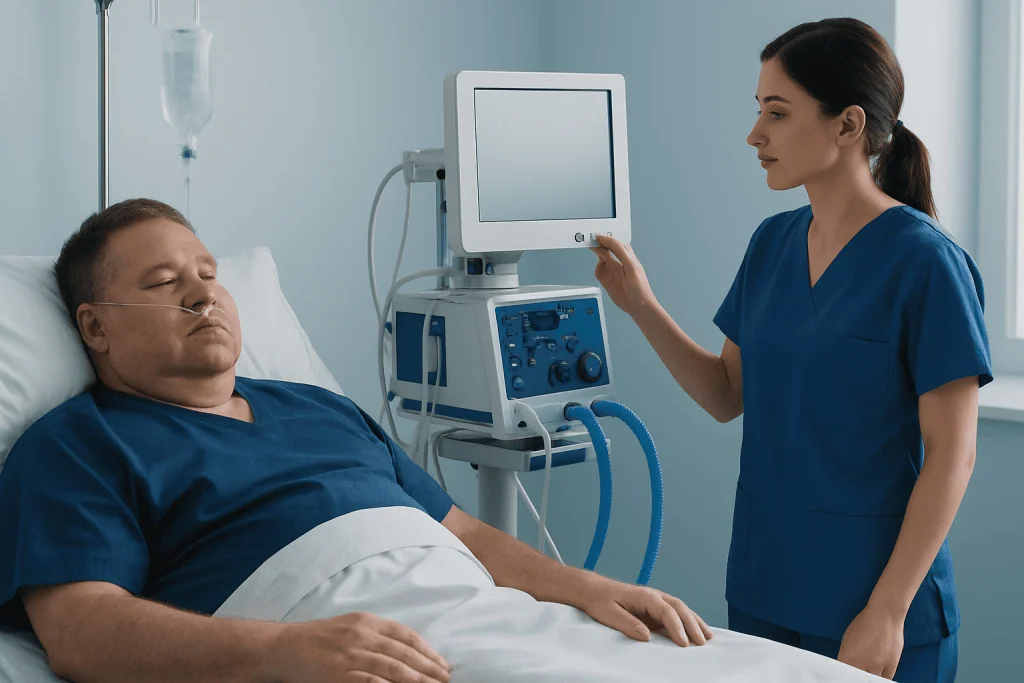 Medical professional monitoring patient with edema in hospital bed.