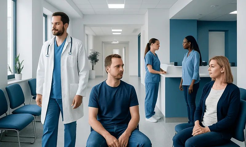 Medical consultation in a modern hospital waiting area with healthcare professionals and patients.