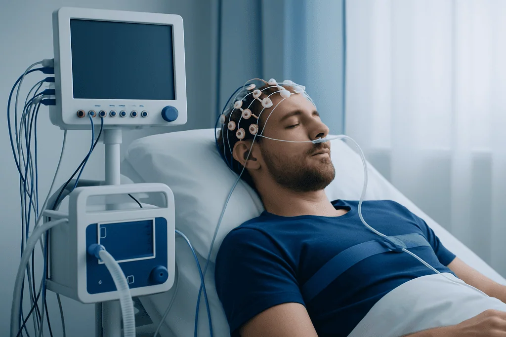Patient undergoing sleep study with EEG and monitoring equipment in hospital.