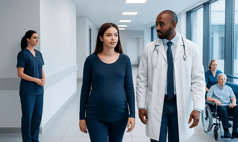 Doctor and patient walking in hospital corridor with staff in background.