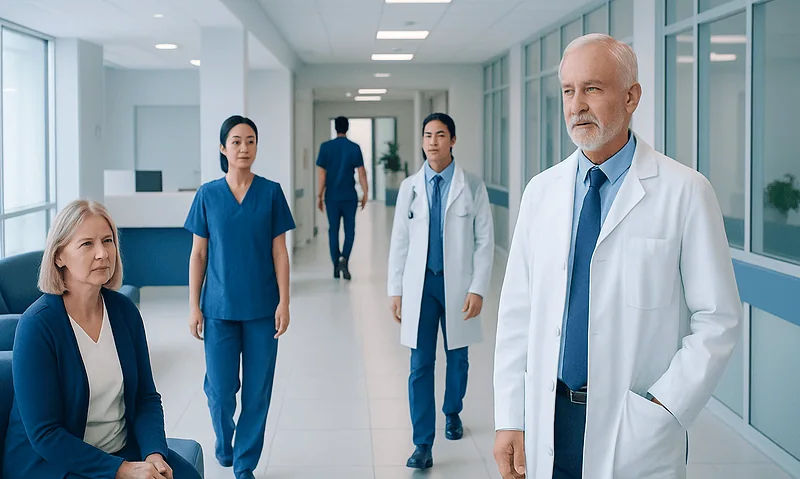 Medical team in hospital corridor with senior doctor and nurses.