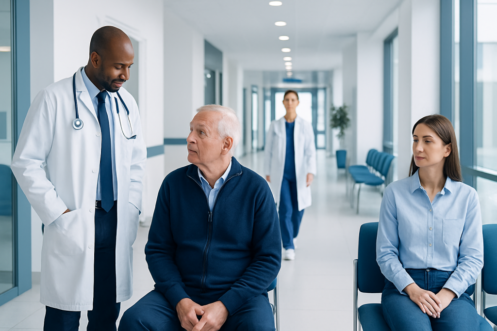 Ejection Fraction: A Complete Medical Overview 1 Doctor consulting elderly patient in hospital corridor with staff in background.