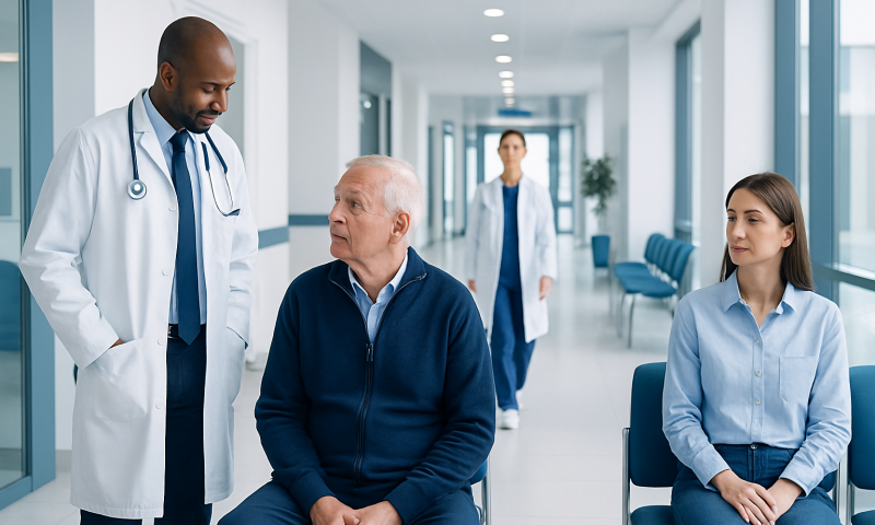 Doctor consulting elderly patient in hospital corridor with staff in background.