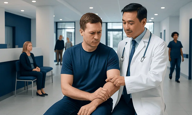 Doctor examining a patient's elbow in a hospital corridor.