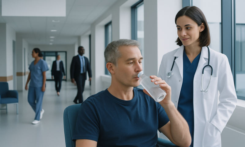 Patient drinking water with healthcare professional in hospital corridor.
