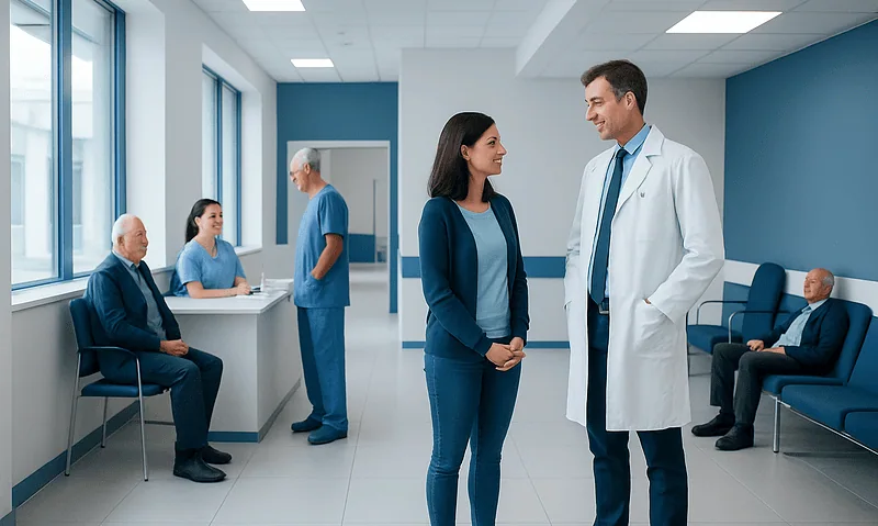 Doctor talking to a patient in a hospital corridor with other patients nearby.