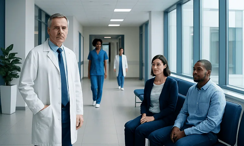 Doctor consulting with patients in a modern hospital corridor.