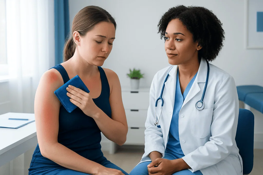 Young woman with sunburn on shoulder consulting a doctor in a clinic.