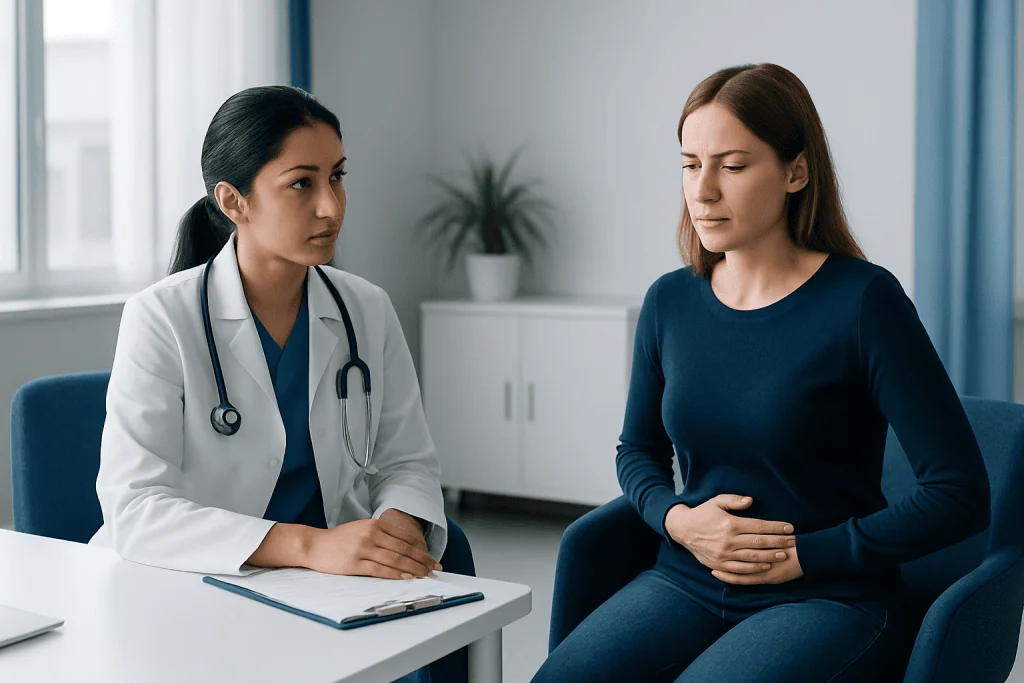 Doctor consulting a woman patient about digestive health in a clinic setting.