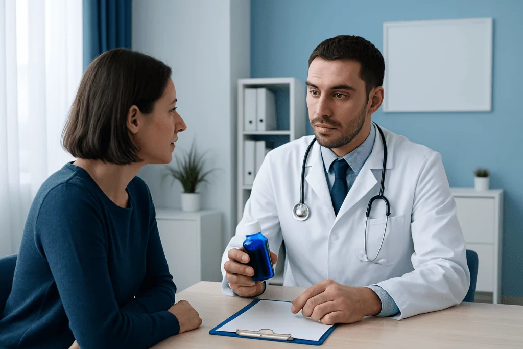 Doctor explaining medication to a patient in a clinic setting.