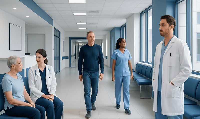 Medical team discussing patient care in hospital corridor.