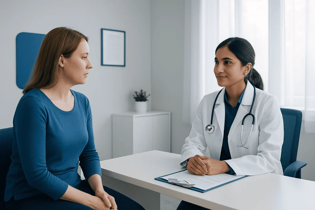 Doctor consulting with a female patient in a medical office setting.