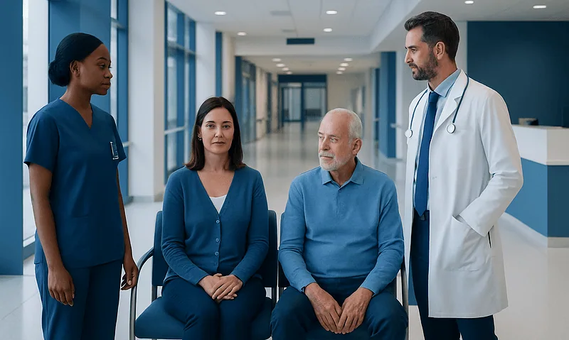 Medical consultation with healthcare professionals and patient in hospital corridor.