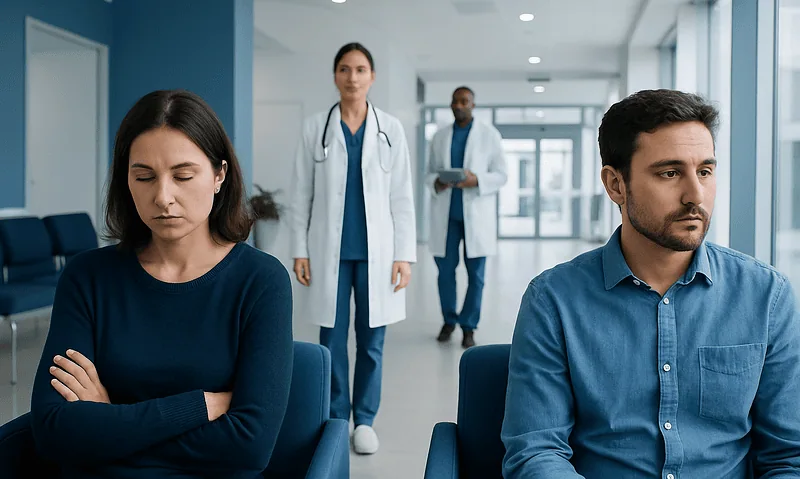 Patients experiencing emotional distress in a hospital waiting area.