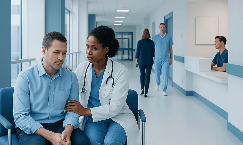 Medical consultation in a modern hospital corridor with healthcare professionals.