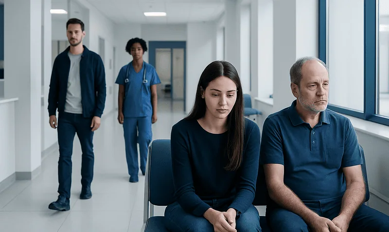 Patients waiting in a hospital corridor with medical staff in the background.