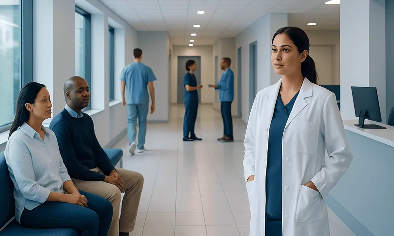 Healthcare professionals and patients in a modern hospital corridor.
