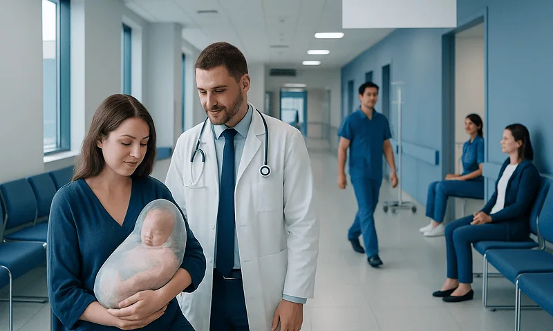 Newborn in a hospital held by a nurse, with medical staff in the background.