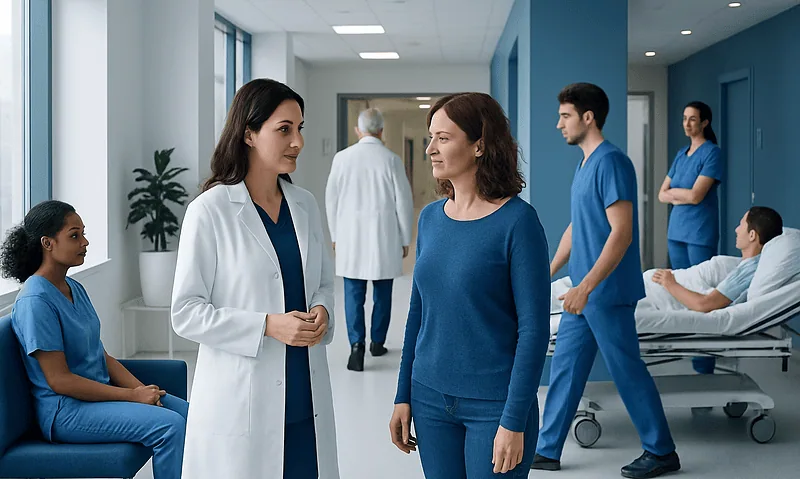 Hospital staff and patient in a modern medical facility corridor.