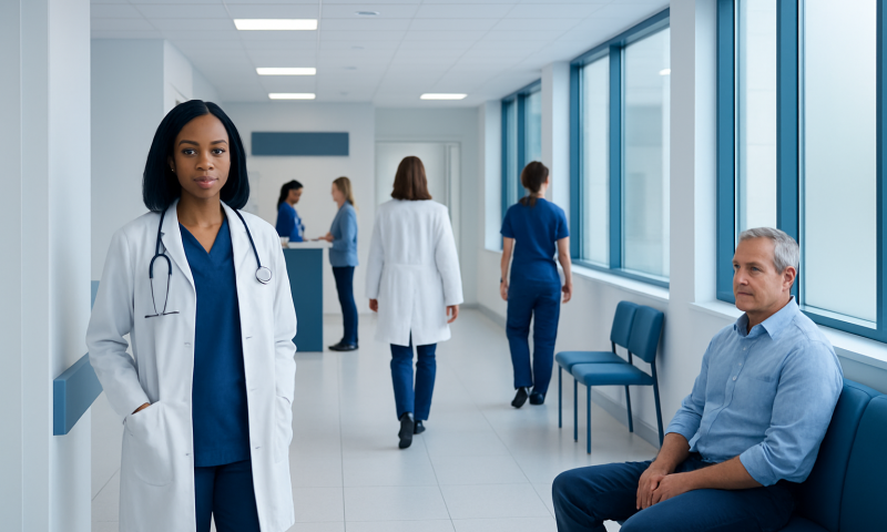 Healthcare professionals and a patient in a modern hospital corridor.