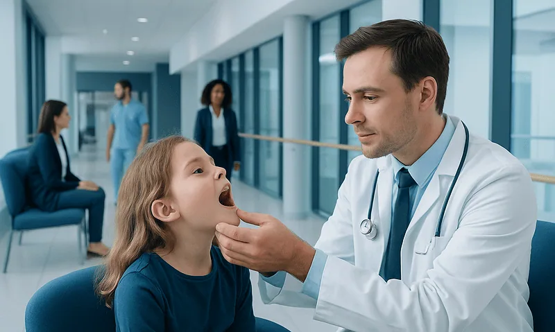 Pediatric ENT doctor examining a child's throat in a hospital corridor.
