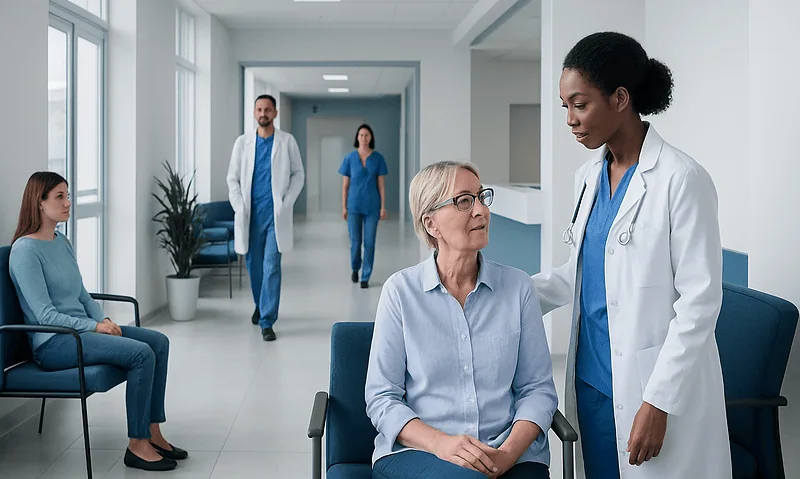 Healthcare professionals and patient in a hospital corridor.