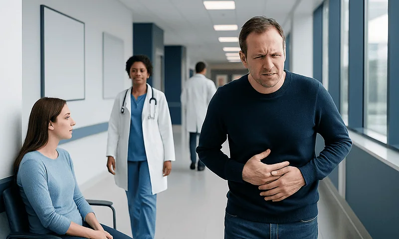 Man experiencing stomach pain in hospital corridor with medical staff nearby.