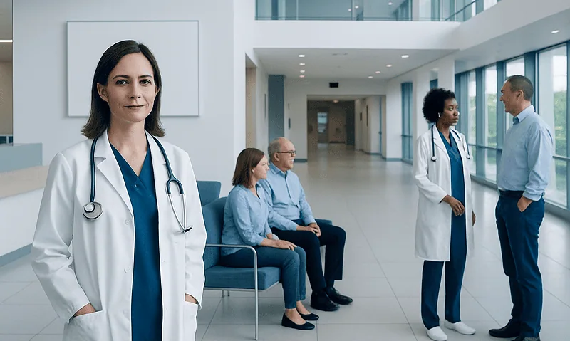 Medical professionals and patients in a modern hospital lobby.