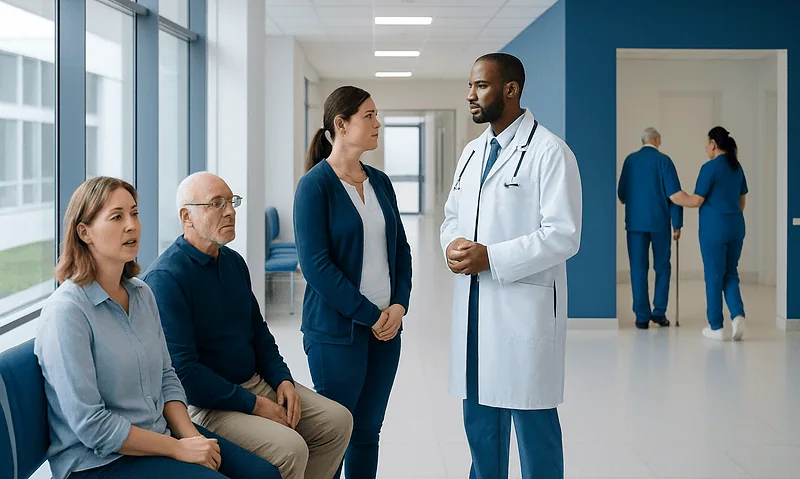 Doctor consulting patients in hospital corridor with staff in background.