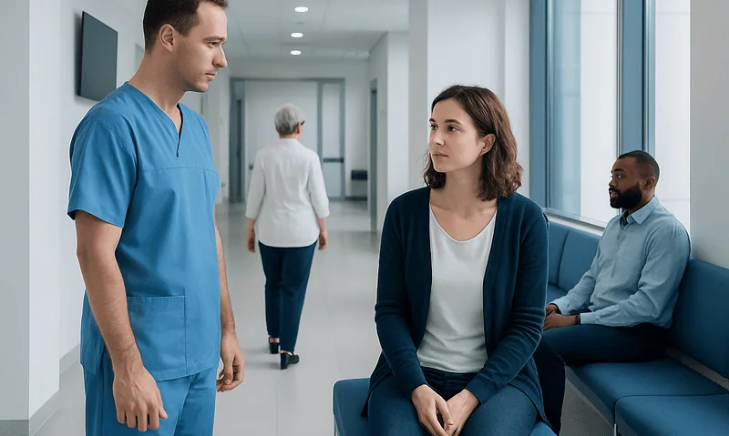 Doctor talking to a patient in a hospital corridor with other patients nearby.