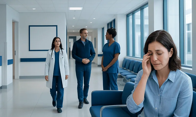Epiphora — Explained by Medical Evidence, Not Myths 5 Patient experiencing eye discomfort in hospital corridor with medical staff nearby.