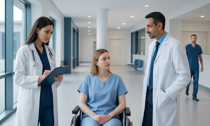 Medical team discussing patient care in hospital corridor.