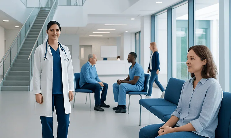 Healthcare professionals and patients in a modern hospital waiting area.