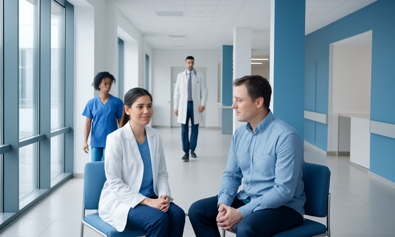 Doctor consulting with patient in hospital corridor with medical staff nearby.