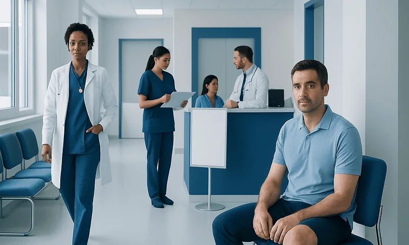 Medical team and patient in a hospital corridor at Acibadem Hospitals Group.
