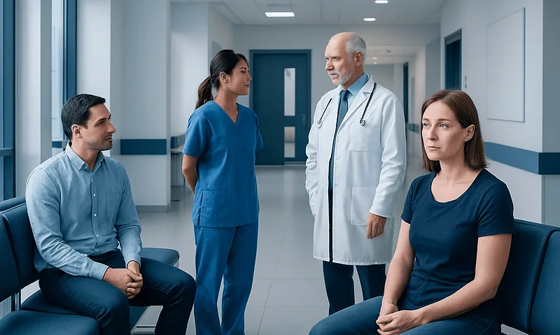 Doctor consulting with patients in hospital corridor.