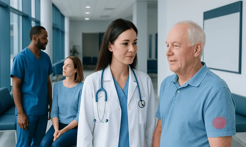 Doctor examining elderly patient's skin in hospital setting.