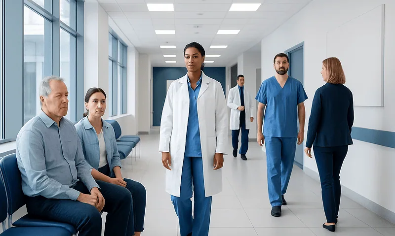 Medical professionals and patients in a hospital corridor at Acibadem Hospitals Group.