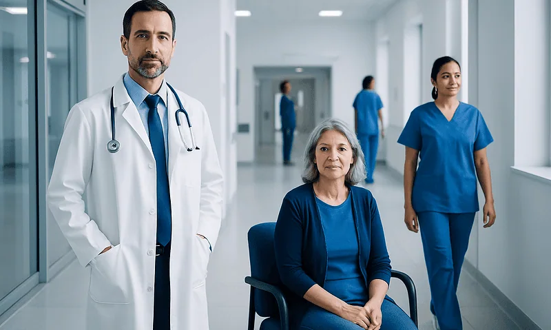 Medical team with doctor and nurses in hospital corridor.