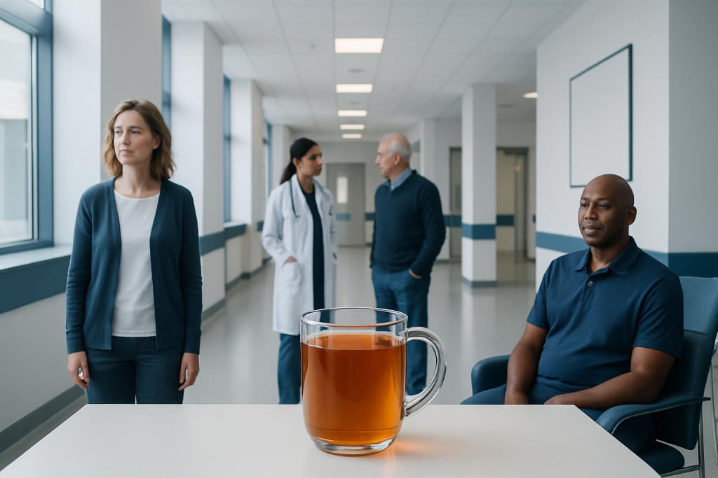 Essiac Tea — Explained by Medical Evidence, Not Myths 1 Patient in hospital corridor with medical staff and a large glass of tea on table.