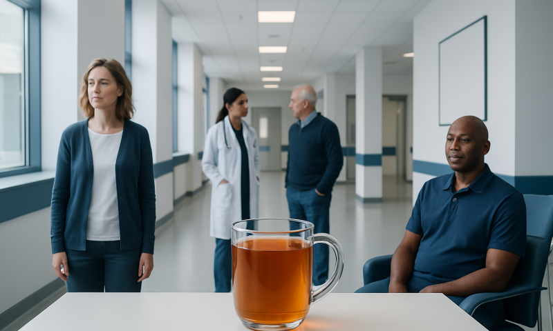 Patient in hospital corridor with medical staff and a large glass of tea on table.