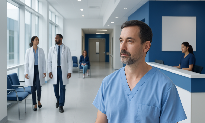 Medical professionals in a hospital corridor with a male nurse in the foreground.