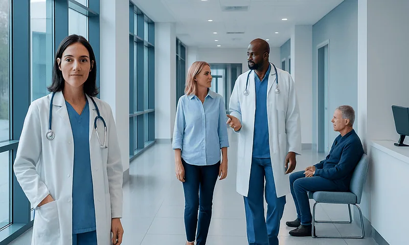Medical team discussing patient care in hospital corridor.