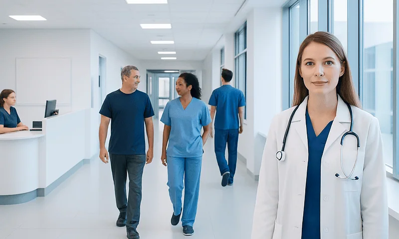 Healthcare professionals and a doctor in a modern hospital corridor.