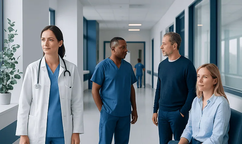 Medical team in hospital corridor with doctor and patients.