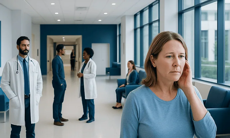 Woman experiencing ear discomfort in a hospital corridor with medical staff nearby.