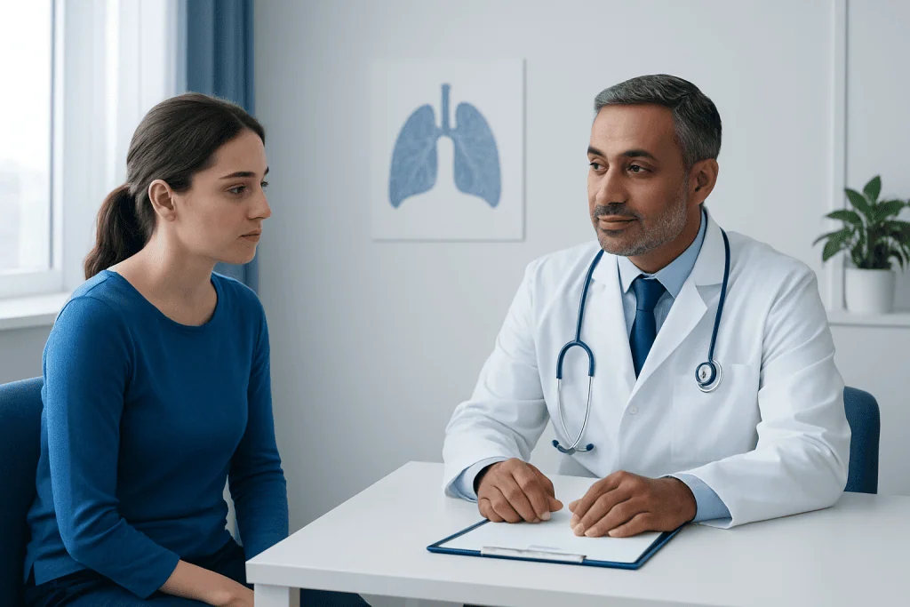 Doctor consulting with a young woman in a medical office with lung diagram.