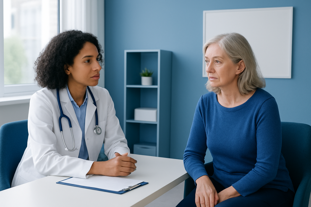 Doctor consulting with an older woman in a medical office setting.